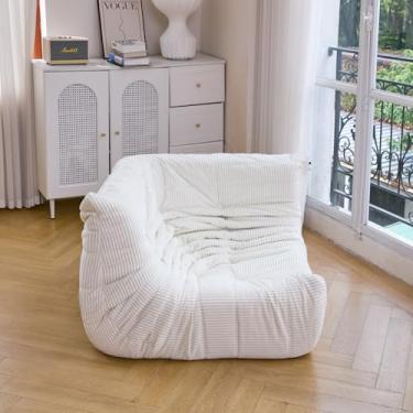 Imagem de N&V Sofá de canto Fireside, espreguiçadeira de chão sem braços de meados do século, veludo cotelê premium macio, cadeira de destaque de espuma para sala de estar, quarto e escritório (marfim)