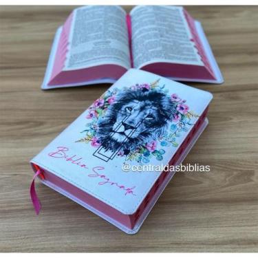 Imagem de Biblia leão branco floral ARC Letras Grandes Com Harpa e Corinhos Indi