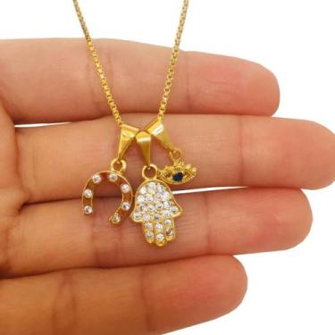 Imagem de Correntinha Feminina com Pingente Patuá Olho Grego Ferradura e Mão de 