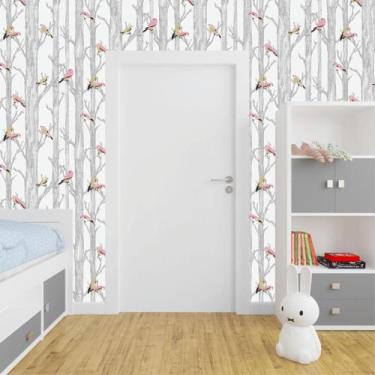 Imagem de Papel de Parede Branco Galhos com Aves - Rolo com 10 Metros  Decoração