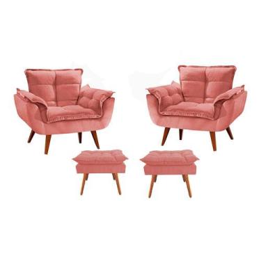 Imagem de Conjunto 2 Poltronas + 2 Puff Opala Luxo com Pés Estilo Retrô - Rosa -