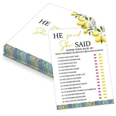 Imagem de Jogo Blue Tiles and Lemons He Said She Said para 30 convidados com cartas de jogo, jogo de chá de panela com limões, decorações modernas de chá de panela, chá de casamento ou suprimentos de despedida