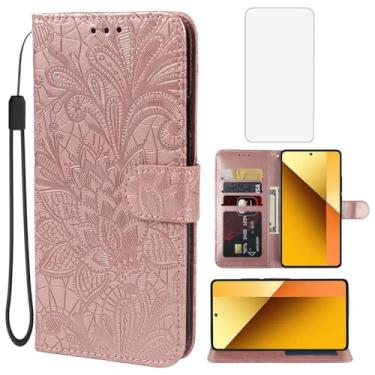 Imagem de Gufuwo Capa para Redmi Note 13 5G, capa carteira 2312DRAABG com protetor de tela de vidro temperado, flor de renda, couro PU, flip com suporte para cartão de crédito, capa de telefone para Xiaomi