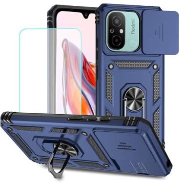 Imagem de Vokuha Capa para Redmi 12C, Capa Poco C55 22120RN86G com protetor de tela de vidro temperado e capa de câmera deslizante, capa magnética com suporte de anel giratório de 360° para Xiaomi Poco C55 azul