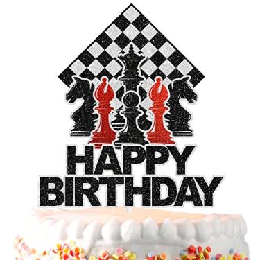 Imagem de Topo de bolo de xadrez jogador de xadrez decoração de peça de tabuleiro de xadrez feliz aniversário, festa de chá de bebê ou decoração de festa temática de xadrez, presente de aniversário para