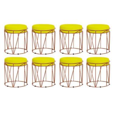 Imagem de Kit 08 Puffs Decorativos Redondo Sol Base Bronze Suede Amarelo - DAMAF