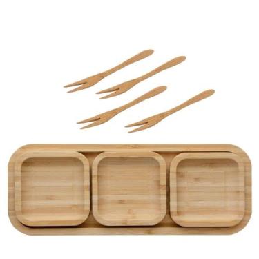 Imagem de Petisqueira de bambu com 4 peças - 31cm com 4 garfinhos - Utensilios d