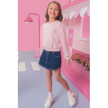 Imagem de Conjunto Short saia jeans e blusa rosa infantil menina 10 14, Conjunto