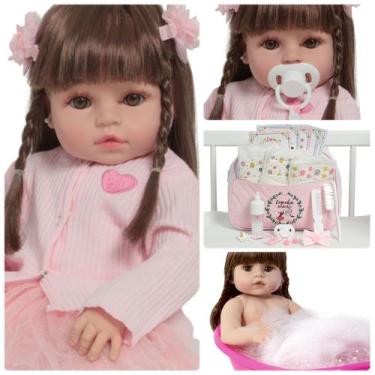 Imagem de Boneca Tipo Reborn Realista Pode Dar Banho Vestido Rosa - Cegonha Rebo