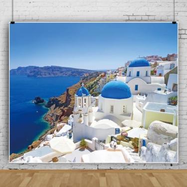 Imagem de Fundo de viagem da ilha de Santorini da Grécia Bakdrop para festa de aniversário com tema grego, faixa branca de casas brancas, decoração romântica do mar Egeu, decoração de chá de noiva, cabine