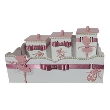 Imagem de Kit Higiene Bebê MDF 4 Peças Cesta Organizadora Bailarina Rosê - Canaã
