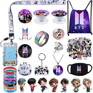 Imagem de eTel Like Conjunto de presentes Kpop BTS, incluindo mochila com cordão, colar, brincos, anéis, pulseiras, rosto M, pinos de botão, suporte de cordão, chaveiro, suporte de anel de telefone, adesivos, Aço inoxidável, Sem Pedra Preciosa