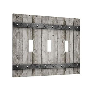 Imagem de Capa decorativa para interruptor de luz de madeira cinza cinza fazenda decorativa rústica cinza placas de parede 3 entradas placa frontal elétrica para banheiro cozinha quarto vintage rústico decoração de porta de celeiro