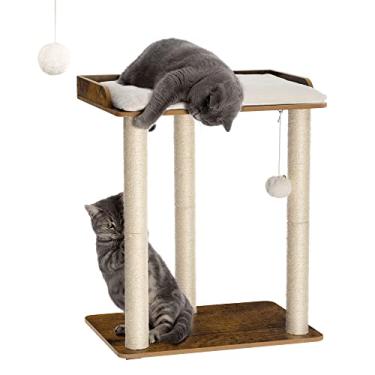 Imagem de FourFurPets Condomínio grande de torre de árvore para gatos de 67,8 cm, arranhadores para gatos em ambientes internos, prato grande, três postes de arranhar de sisal completo de 68 cm, marrom rústico