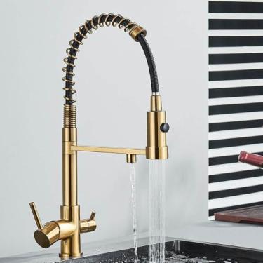 Imagem de Torneira de cozinha com filtro retrátil, preta, 3 vias, torneiras de água potável pura, latão, 360°, torneira misturadora de água de purificação flexível, ouro escovado