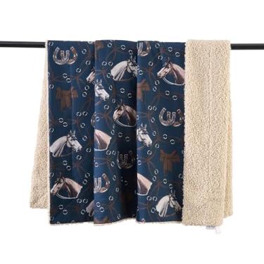 Imagem de Cobertor Tasha Polizzi para Paseo Road Saratoga Western, 127 x 152 cm, manta azul marinho, parte traseira macia do avesso, estampa equestre em ferradura de cavalo, cobertor aconchegante de pelúcia
