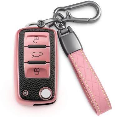 Imagem de TOGAFEY Capa para chaveiro VW com chaveiro de couro proteção de 360 graus capa protetora de TPU macio capa de chave compatível com VW Volkswagen Jetta Passat Golf Polo MK6 Tiguan Beetle 3 botões chave (B ouro rosa)