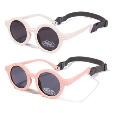 Imagem de FLJMRAVER Óculos de sol redondos polarizados de borracha flexível com alça para bebês recém-nascidos de 0 a 24 meses, B1* Bege fosco/cinza + rosa fosco/cinza, Small
