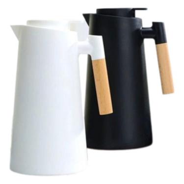 Imagem de Garrafa Térmica Café Chá 1 Litro Preta A Vacuo Cabo Madeira Com Botão 