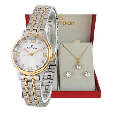 Imagem de Kit Relógio Champion Feminino Pequeno Analógico Prata e Dourado Ch2490