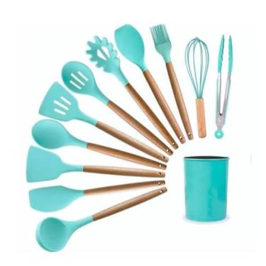 Imagem de Jogo de Cozinha Kit com 12 Peças de Silicone, Utensílios e Copo Suporte para Cozinha Cabo de Madeira (GRANDE- VERDE)