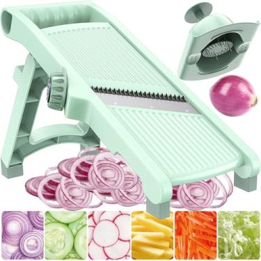 Imagem de Fatiador de mandolina ajustável 5 em 1 com lâminas de aço inoxidável e protetor de mão de segurança, bandolim seguro para cozinha, cortador de fatiador Julienne antiderrapante, picador de legumes para