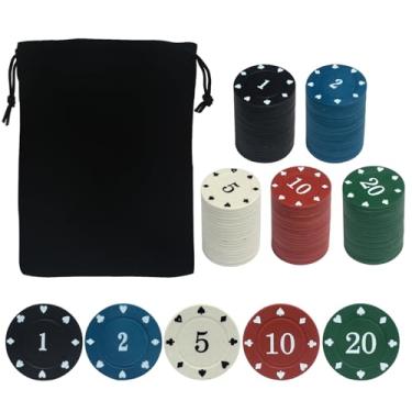 Imagem de Conjunto de fichas de pôquer de 100 peças com bolsa de armazenamento portátil, estilo cassino de nível profissional, 5 cores para festa noturna de pôquer Texas Holdem Blackjack (pequena denominação)