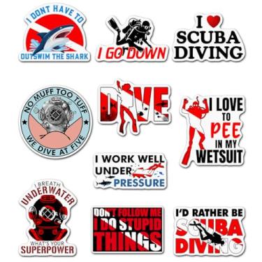 Imagem de 10 peças de adesivos divertidos de mergulho com vários designs No Muff to Tuff, I Love Scuba, I Pee in My Wetsuit, Dont Follow Me I Do Stupid Things, I Go Down 7,6 cm.