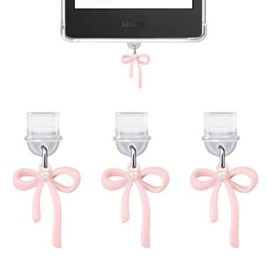 Imagem de 3 pingentes para Kindle, pingente de plugue de poeira de laço rosa compatível com Kindle com porta de carregamento tipo C, presente de coquete para amantes de livros, leitores, homens, mulheres