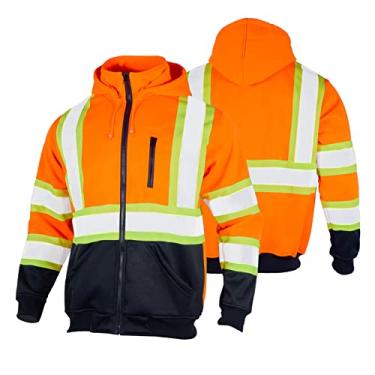 Imagem de FONIRRA Moletom masculino com capuz e zíper de lã Hi Vis Safety com capuz removível ANSI Classe 3 (laranja, GG)
