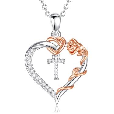 Imagem de Vito Colar de coração banhado a prata cobre com inicial com zircônia cúbica para mulheres, pingente de flor em ouro rosa letra T, coração A a Z, joias personalizadas, presentes, 45,7 cm + 5 cm de aço