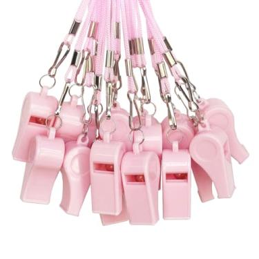 Imagem de DYBADYSA 20 peças de plástico rosa claro apitos altos com cordão para árbitros treinadores basquete futebol esporte treinamento jogo evento salva-vidas sobrevivência emergência diversão escola