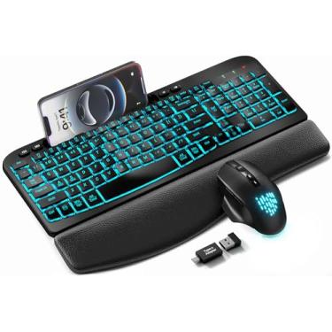 Imagem de SABLUTE Combo de teclado e mouse sem fio – teclado ergonômico Wave com descanso de pulso de couro macio, suporte de telefone, recarregável, mouse retroiluminado RGB, conjunto de tamanho completo para