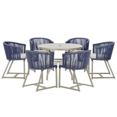 Imagem de Mesa com 6 Cadeiras de Jantar Roma 120cm e Noronha em Alumínio Fendi Corda Náutica Estofado 3 Trama Original