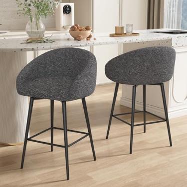 Imagem de CarterChairr Conjunto de 2 banquetas giratórias de 71 cm de altura para balcão, modernas de sherpa, com encosto e base de metal, bancos de bar estofados de ilha de cozinha, tecido cinza