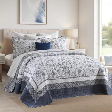 Imagem de QuiltMuse Colcha de algodão king size 120 x 120 – Colcha King macia e leve com 2 fronhas, colcha de cama acolchoada Farmhosue reversível botânica 3 peças para todas as estações, azul/branco