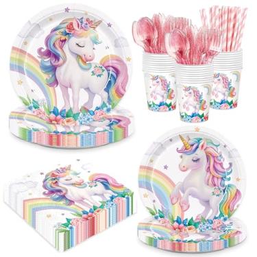 Imagem de XIENBLOC 192 peças de pratos de unicórnio, guardanapos, suprimentos de festa de aniversário de unicórnio, copos de papel descartáveis, conjunto de talheres de palha, facas, garfos, colheres, meninas