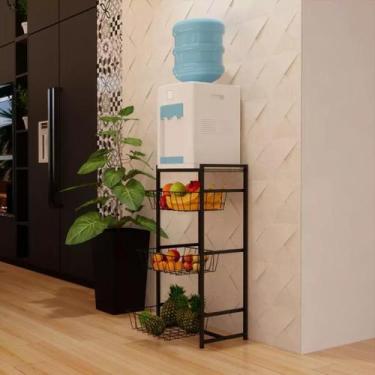 Imagem de Fruteira 3 Cestos Cozinha Preta Em Aço Base Mdf Amadeirado - Convenien