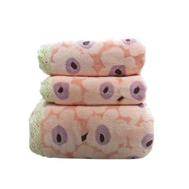 Imagem de USTIDE Conjunto de toalhas de banho de lã coral com 3 peças de flores rosa para crochê conjunto de toalhas de veludo macio luxuoso para crianças pequenas (1 toalha de banho + 2 toalhas de mão)