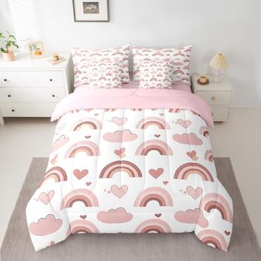 Imagem de Manfei Jogo de cama solteiro com 7 peças, estampa kawaii, coração e nuvem, estilo desenho animado em uma bolsa com edredom, lençol de cima e fronhas, lençol de cima e fronhas, decoração de quarto de