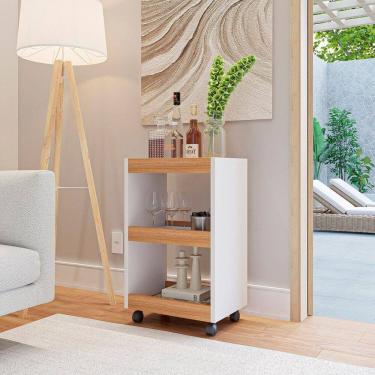 Imagem de Carrinho Multiuso Gourmet Buffet com Rodinhas Bar Aparador Organizador com 3 Prateleiras Branco / Freijó