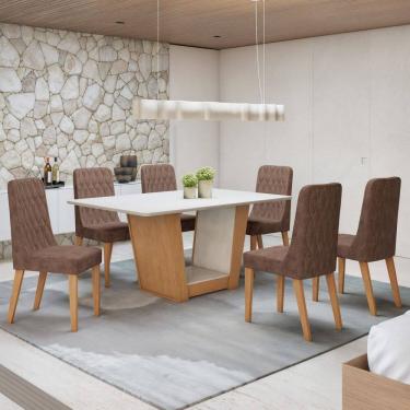 Imagem de Conjunto Apogeu 160cm Tampo MDF com 6 Cadeiras Luar Amêndoa Clean/Off White/Morano Avelâ