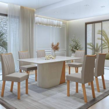Imagem de Conjunto Luar 170cm Tampo MDF com Vidro e 6 Cadeiras Apogeu Amêndoa Clean/Off White/ Naturale Creme