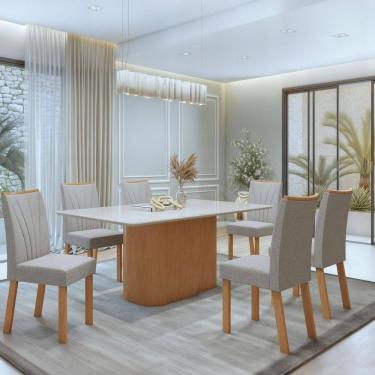 Imagem de Conjunto Luar 170cm Tampo MDF com Vidro e 6 Cadeiras Apogeu Amêndoa Clean/Off White/ Cinza