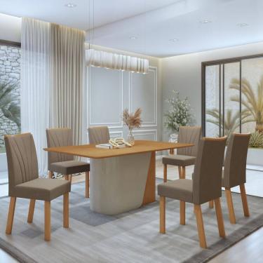 Imagem de Conjunto Luar 170cm Tampo no Glass com 6 Cadeiras Apogeu Amêndoa Clean/Off White/Bege