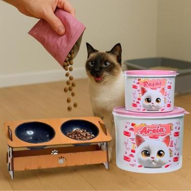 Imagem de Kit Pet Cães e Gatos Armazenamento de Alimentos Tigela Dupla Funcional
