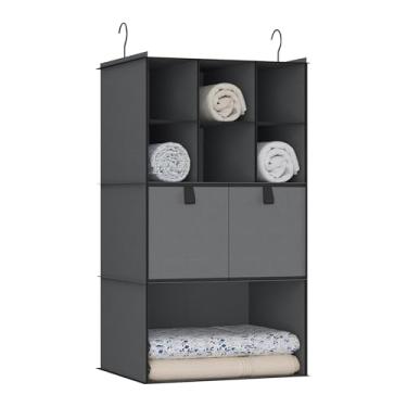 Imagem de Bosuelife Organizador de armário suspenso, 4 prateleiras, 2 gavetas, organização e armazenamento, 6 compartimentos para guarda-roupa, cinza escuro