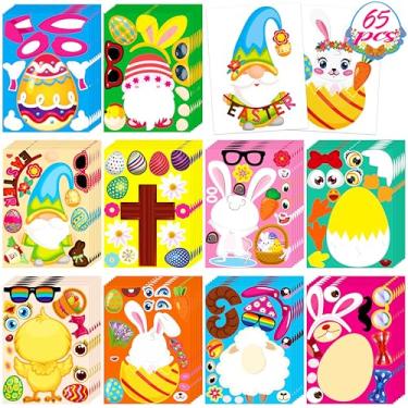 Imagem de 60 folhas de adesivos de Páscoa artesanais para crianças – Jogos de fazer um coelho, ovo, pintinho, gnomo, ovelhas, cesta de presentes, atividades e lembrancinhas de festa (tamanho pequeno)