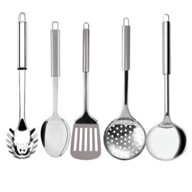 Imagem de Kit 7 Utensílios para Cozinha Inox Escumadeira Concha Colher de Arroz Pegador Massa Garfo Trinchante (5 Peças)