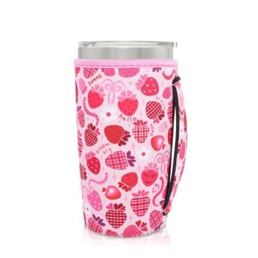 Imagem de AJLTPA Suporte de copo com isolamento de neoprene com alça para copos de 590 ml, manga reutilizável para café gelado compatível com Starbucks Trenta, Dunkin grande, mais (adorável morango